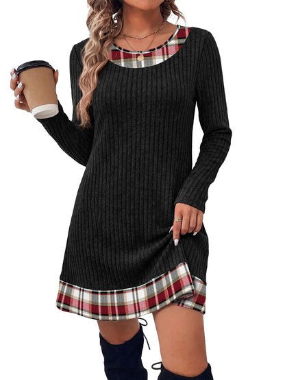 Women's Knit Textured Contrast Collar Tunic Dress