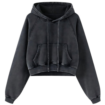 Retro Washed Drawstring Cropped Hooded Sweatshirt