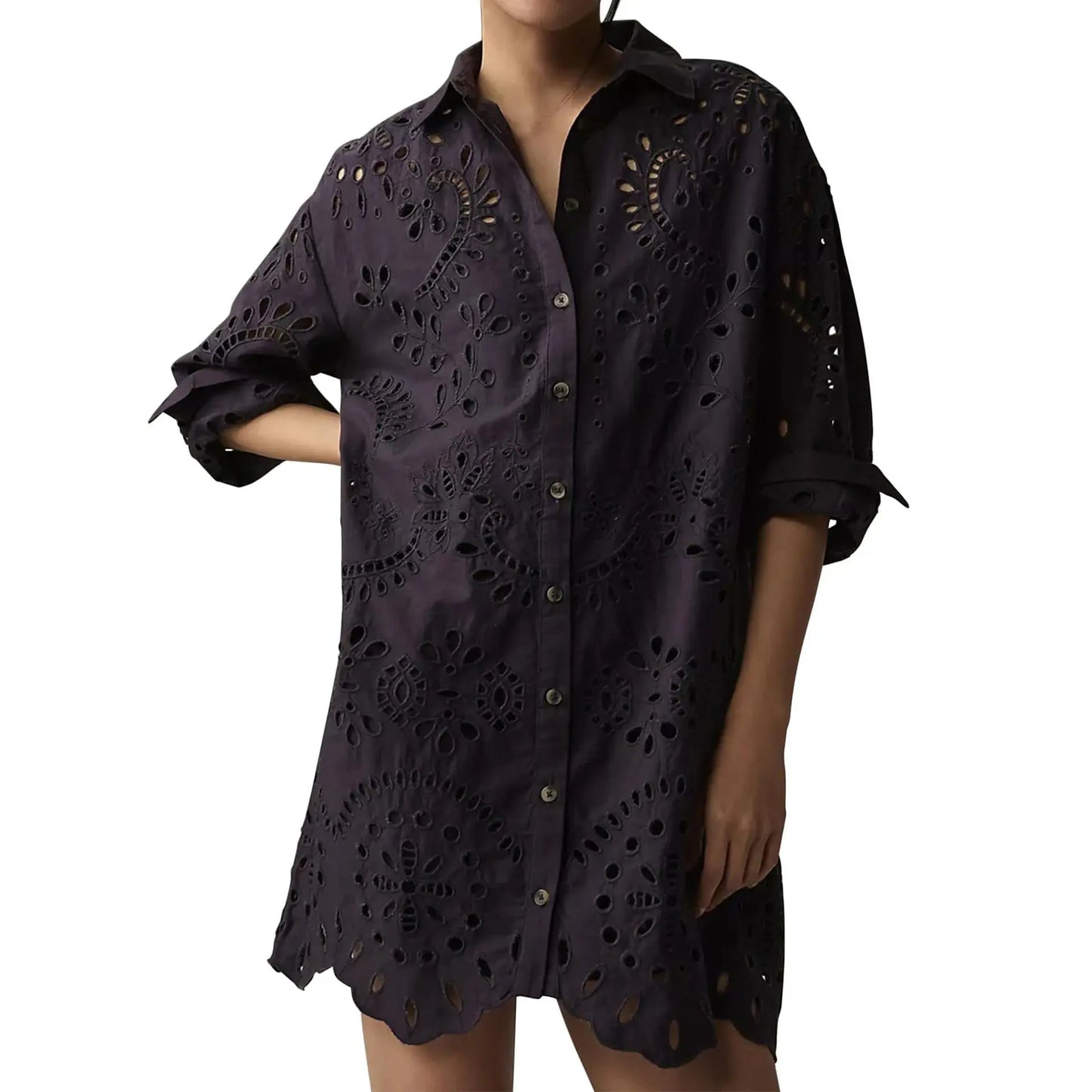 Oversized Eyelet Embroidered Long Sleeve Shirt Dress