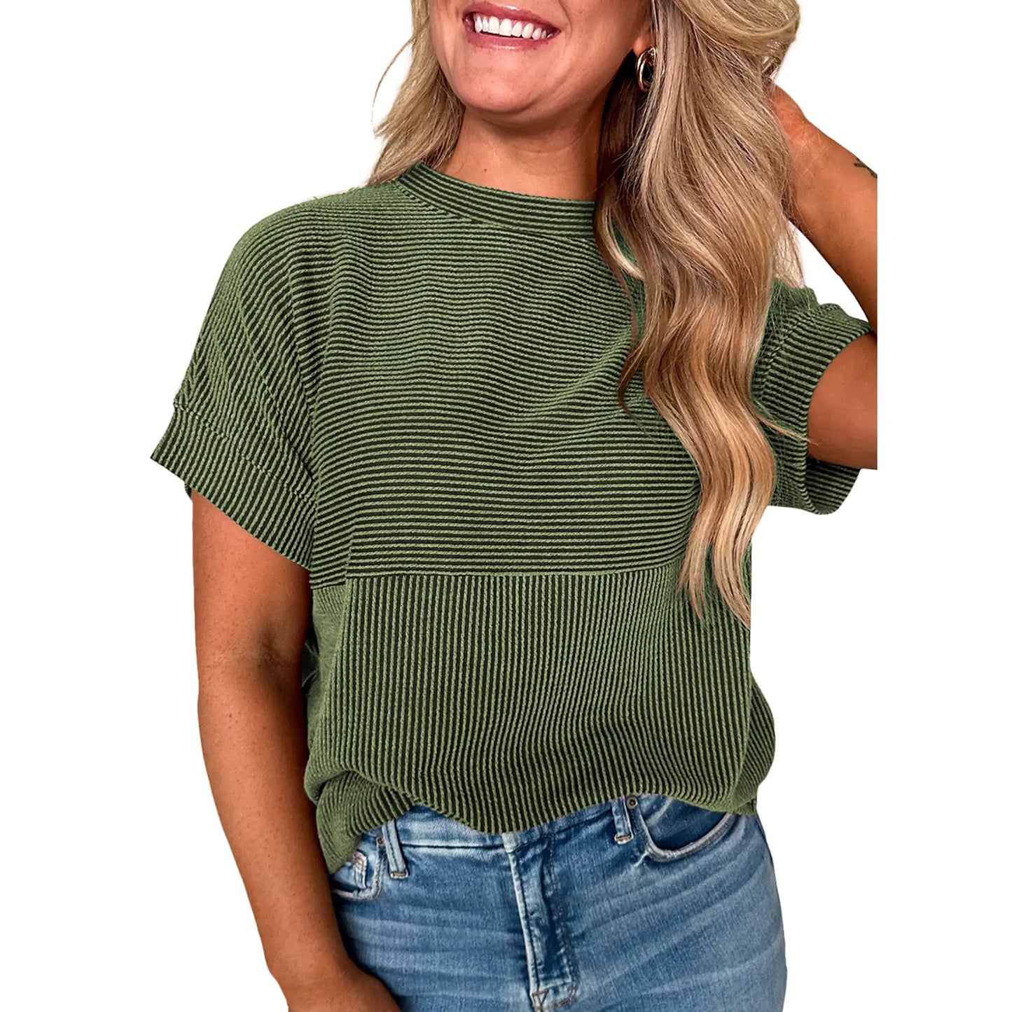 Women Textured Rib Splice Crew Neck Loose Fit Knit Short Sleeve T-shirt