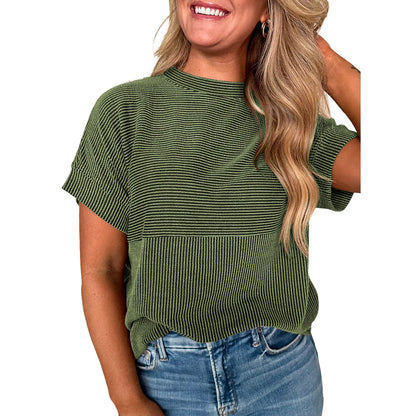 Women Textured Rib Splice Crew Neck Loose Fit Knit Short Sleeve T-shirt
