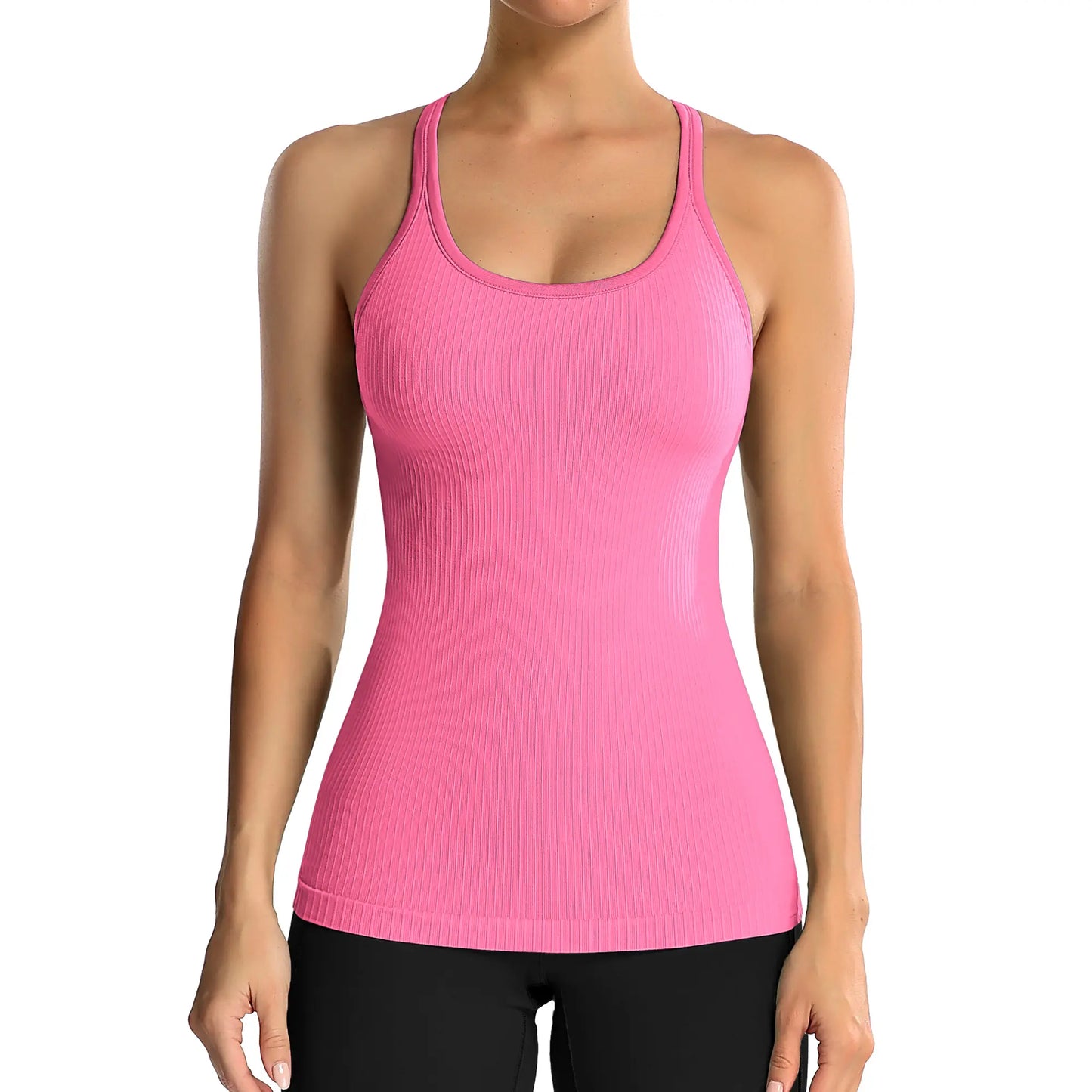 Ribbed U Neck Built-in Chest Pad Y Back Sleeveless Sports Tank Top