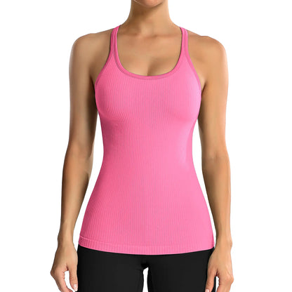 Ribbed U Neck Built-in Chest Pad Y Back Sleeveless Sports Tank Top