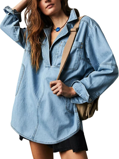 Women's Denim V-Neck Pullover Shirt (BUY 2 10% OFF)