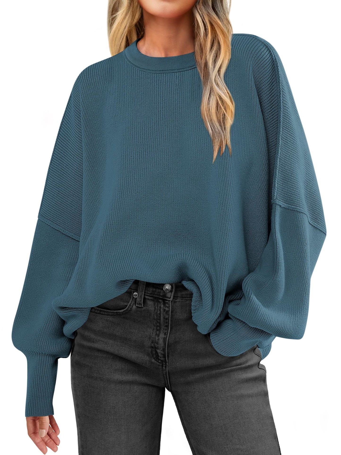 Women Oversized Side Slit Ribbed Knit Pullover Sweaters Top