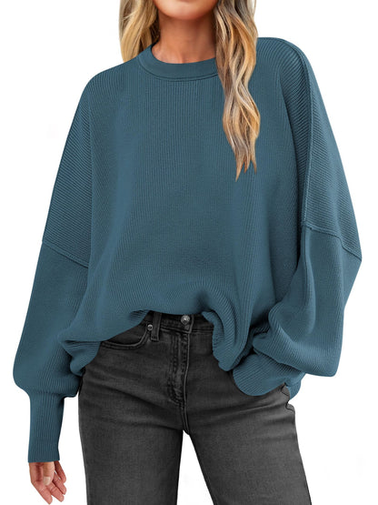 Women Oversized Side Slit Ribbed Knit Pullover Sweaters Top
