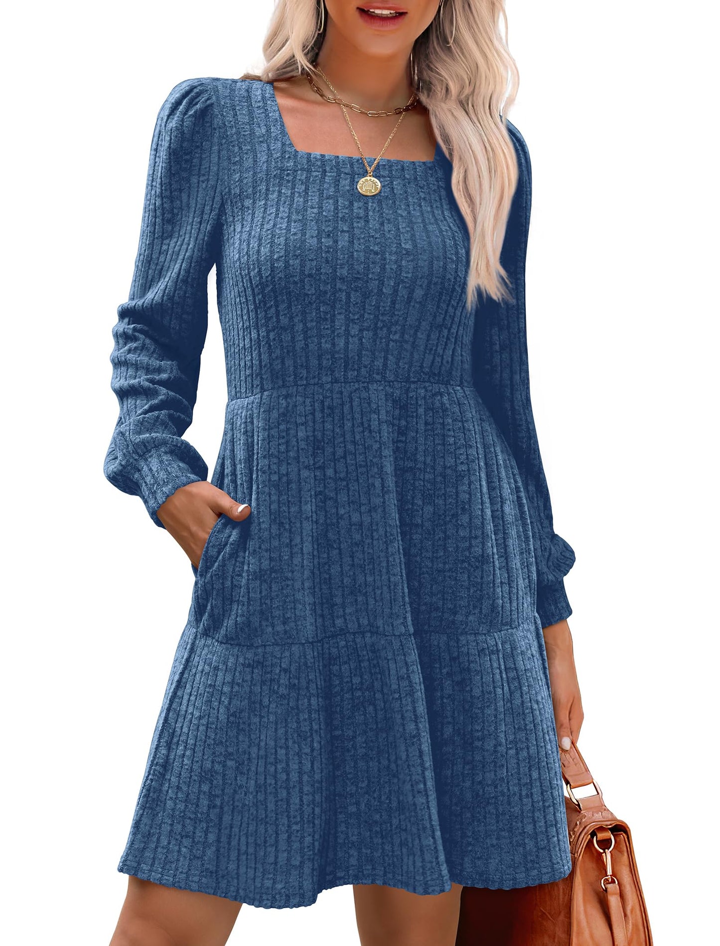 ✨Women's Square Neck Lantern Sleeve Ribbed Dress