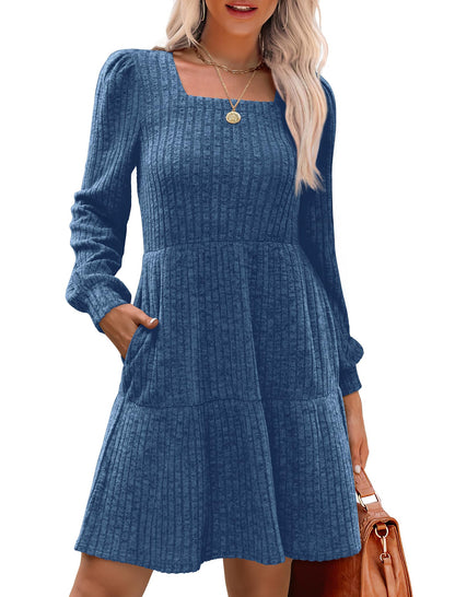 ✨Women's Square Neck Lantern Sleeve Ribbed Dress