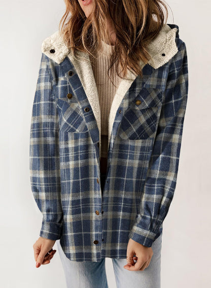 Women's Thickened Flannel Long Sleeve Plaid Jacket Coat with Hood(Buy 2 Free Shipping)