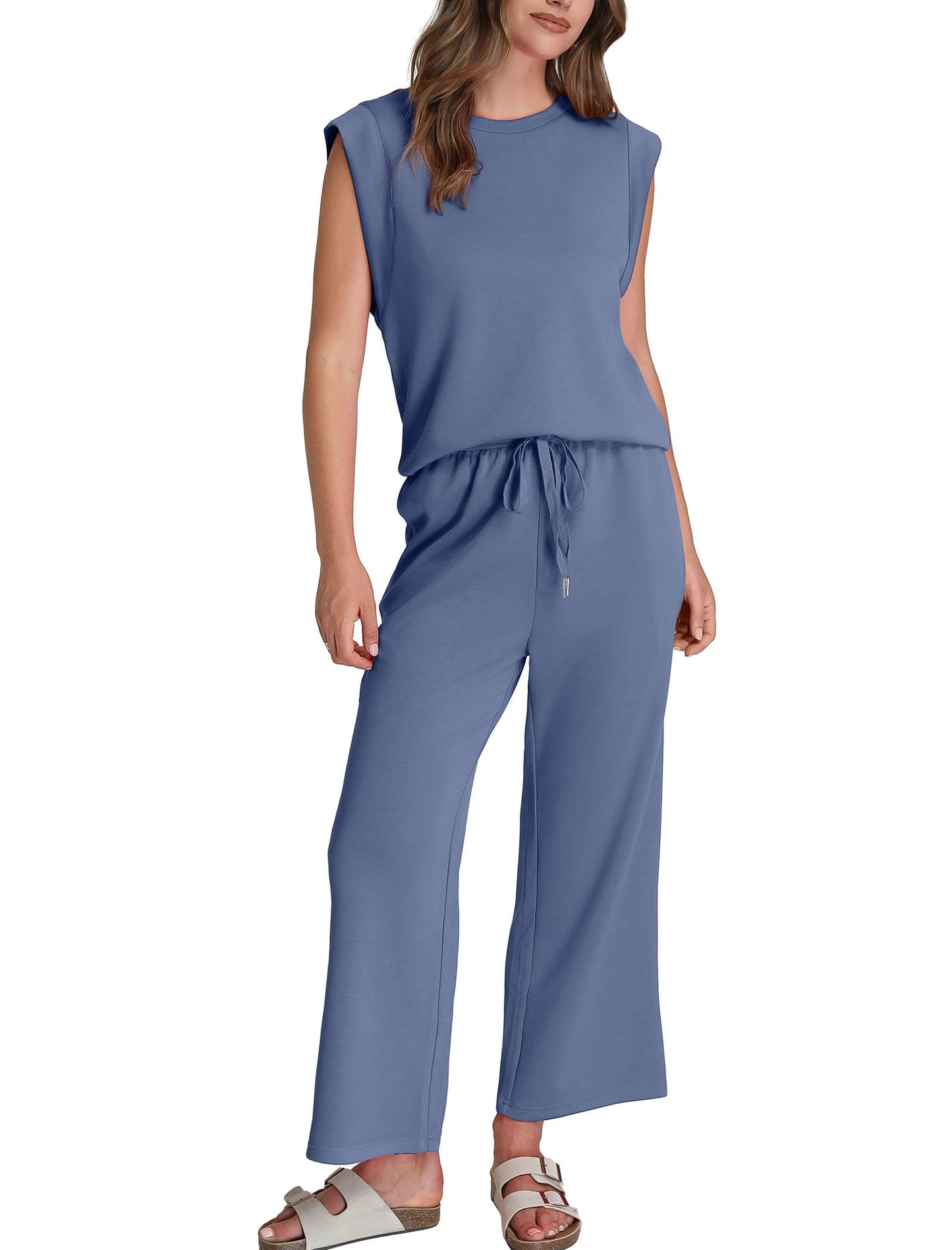 ✨Women's Casual Cap Sleeve Top Wide Leg Crop Pants Two Piece Sets