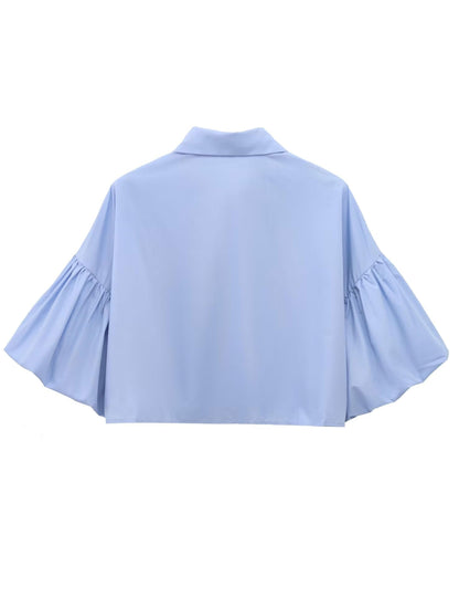 ✨Womens Cute Lantern Sleeve Collar Button Down Crop Tops