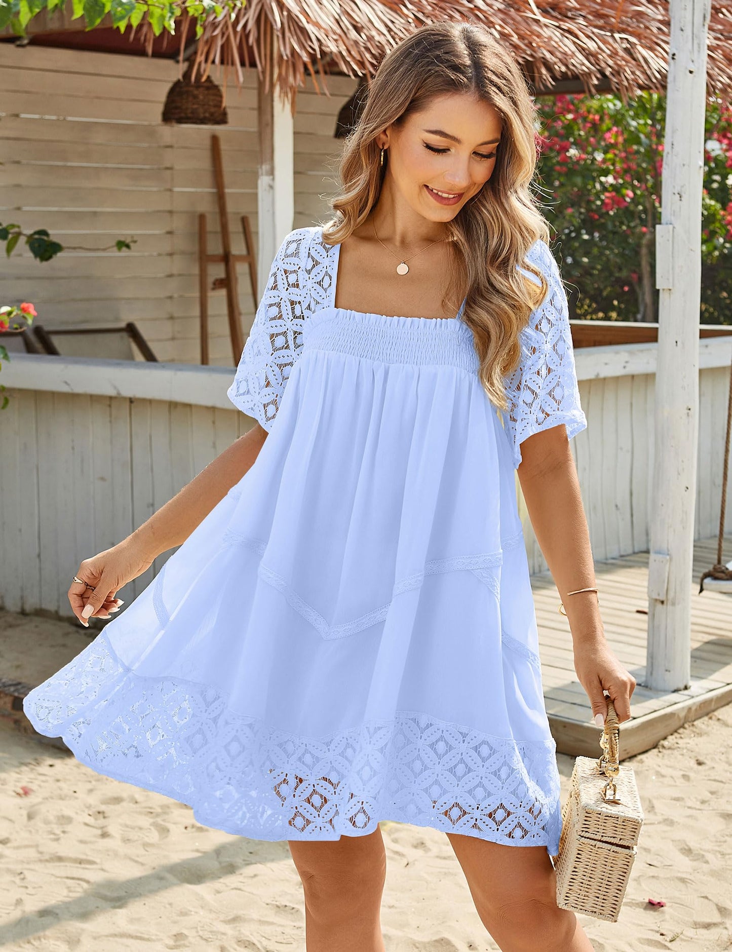 Women's Square Neck Lace Patch A-Line Mini Dress