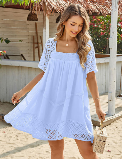 Women's Square Neck Lace Patch A-Line Mini Dress