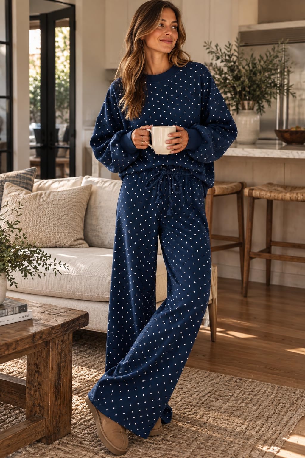 Women's Polka Dot 2 Piece Pant Set Long Sleeve Sweatshirts And Drawstring Wide Leg Pant