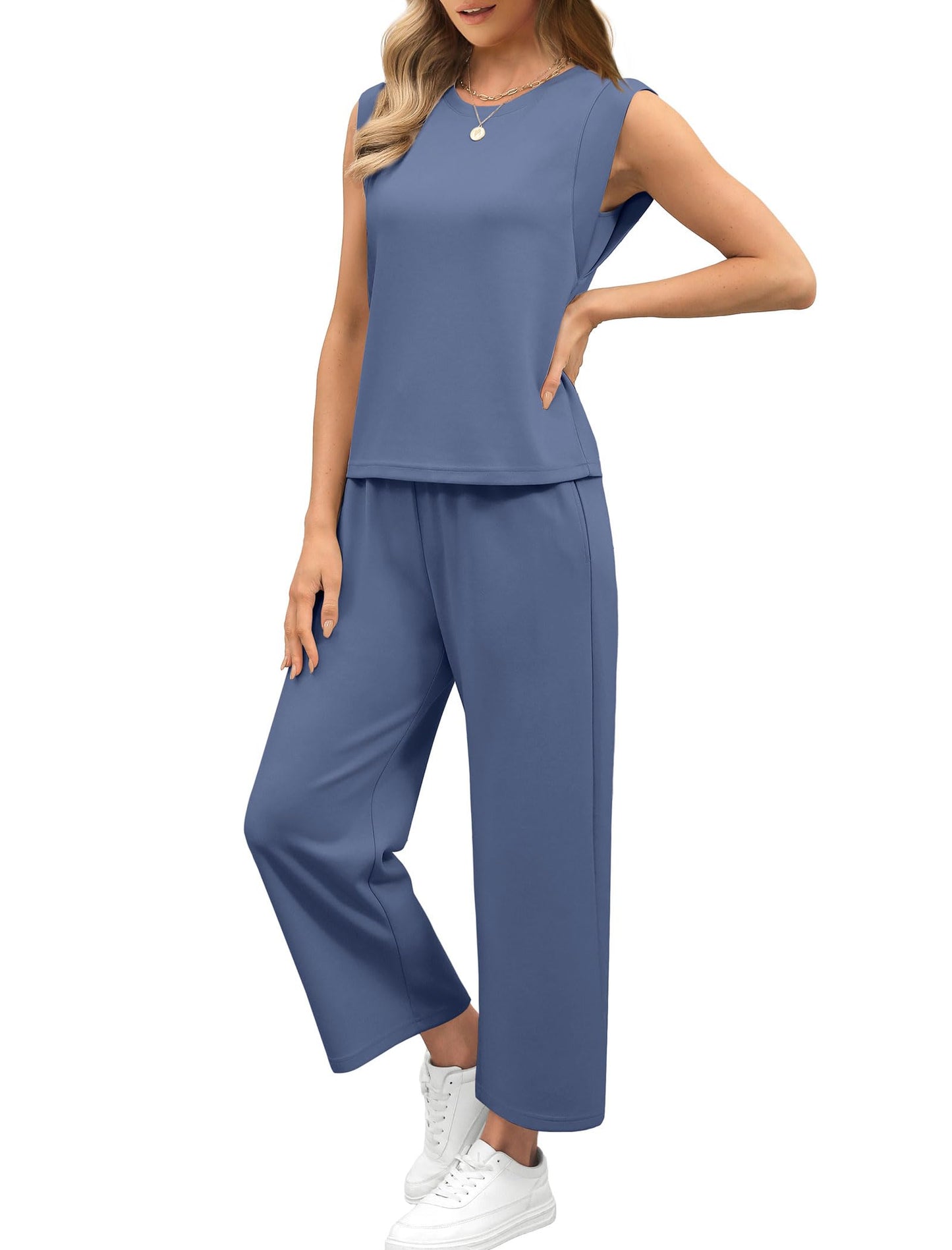 ✨Women's Casual Cap Sleeve Top Wide Leg Crop Pants Two Piece Sets
