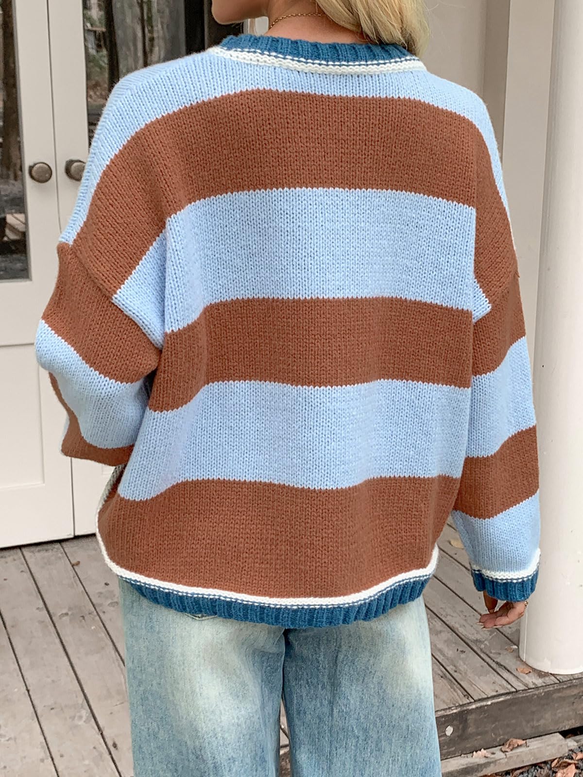 Womens Oversized Color Block Crewneck Knitted Sweaters Tops