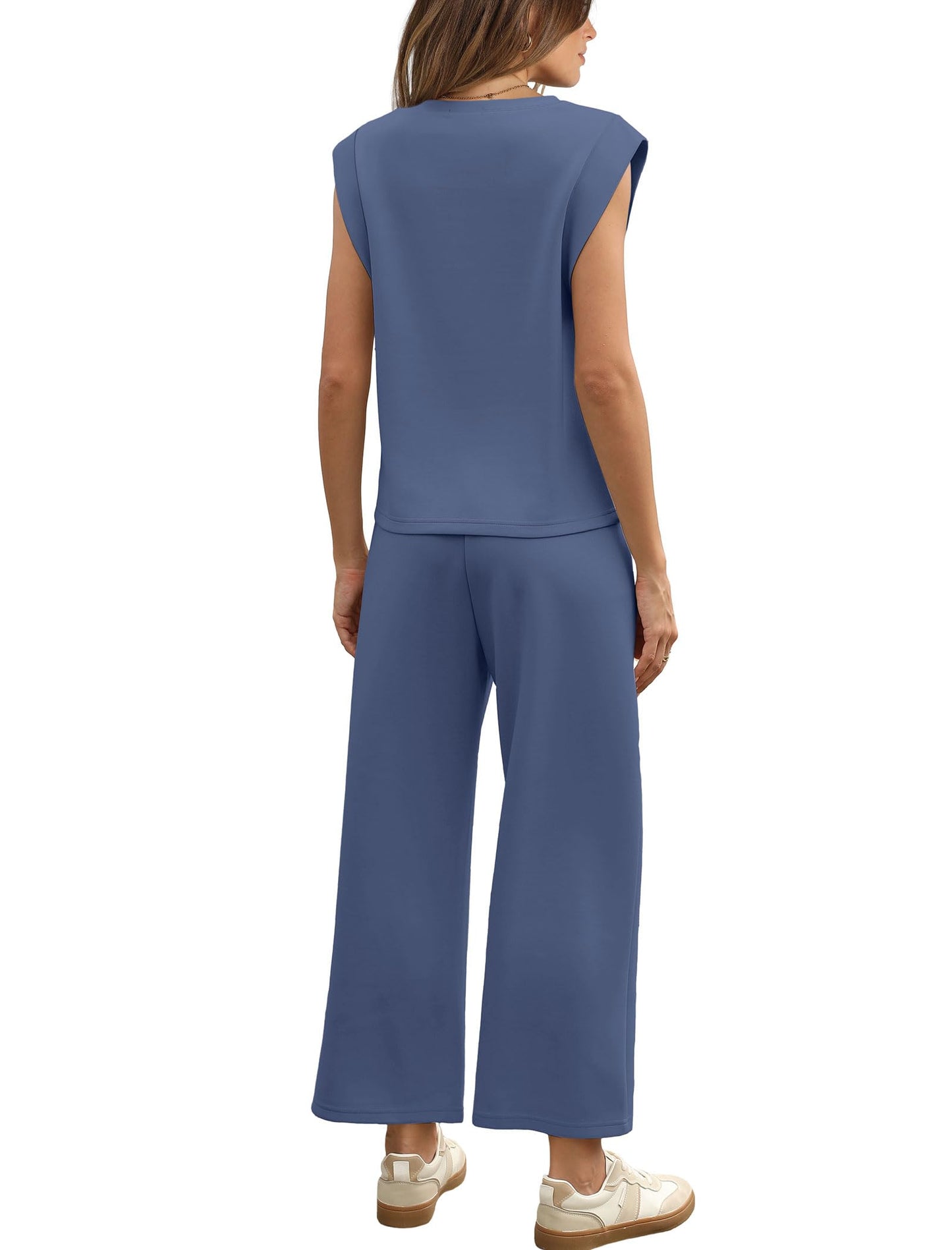 ✨Women's Casual Cap Sleeve Top Wide Leg Crop Pants Two Piece Sets