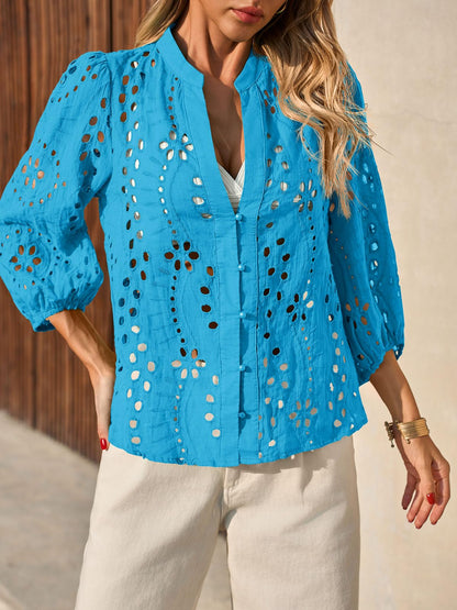 ✨Womens Summer Deep V Neck Eyelet Blouses Casual 3/4 Balloon Sleeve Button Down Shirts