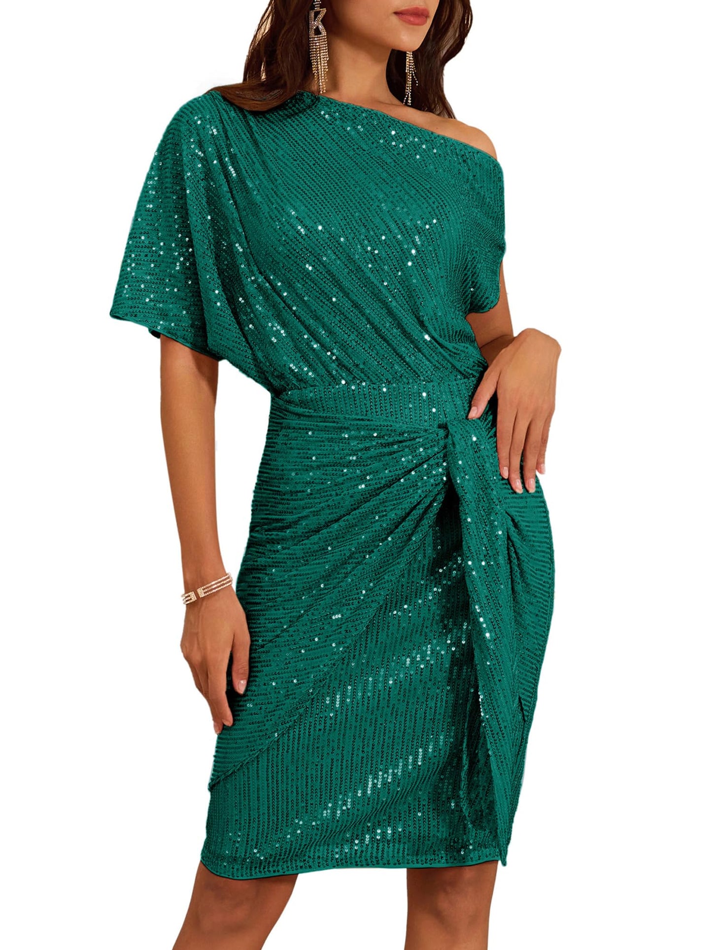 ✨Women's Sequin Sparkly Glitter One Shoulder Ruched Bodycon Dress(Last day 50% OFF!!!)