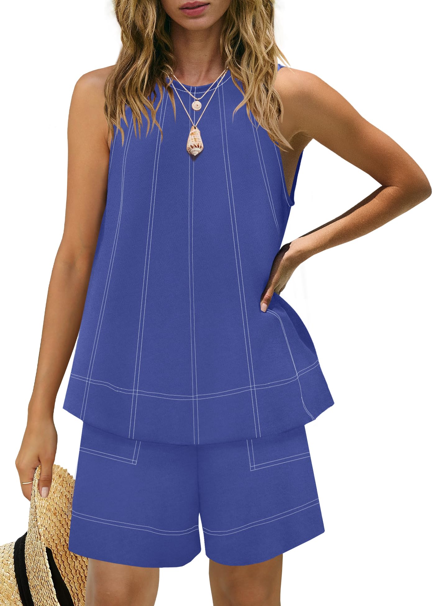 Women's Contrast Stitch 2-Piece Outfit, Sleeveless Tank Top & High Waist Shorts Set