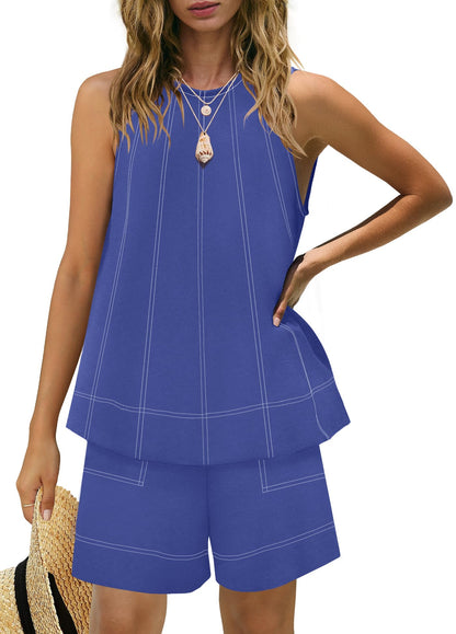 Women's Contrast Stitch 2-Piece Outfit, Sleeveless Tank Top & High Waist Shorts Set