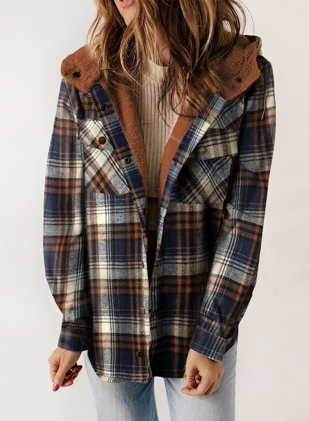 Women's Thickened Flannel Long Sleeve Plaid Jacket Coat with Hood(Buy 2 Free Shipping)