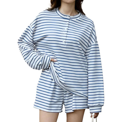 Striped Henley Neck Long Sleeve Top & Shorts Two Piece Set