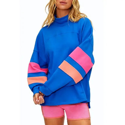 High Mock Neck Color Block Striped Long Sleeve Sweatshirt