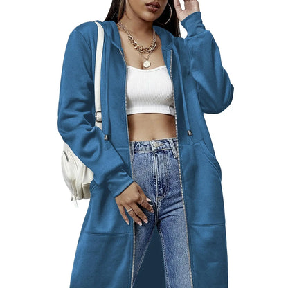 Women Oversized Full Zip Long Length Hooded Jacket with Side Pockets