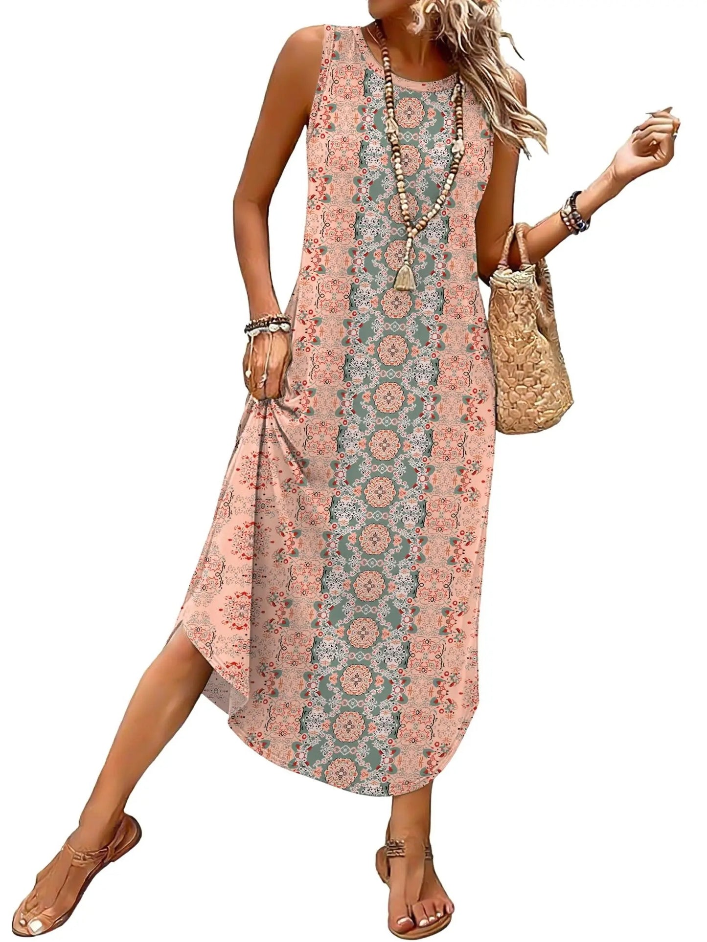 Women's Sleeveless Print Maxi Dress with Pockets