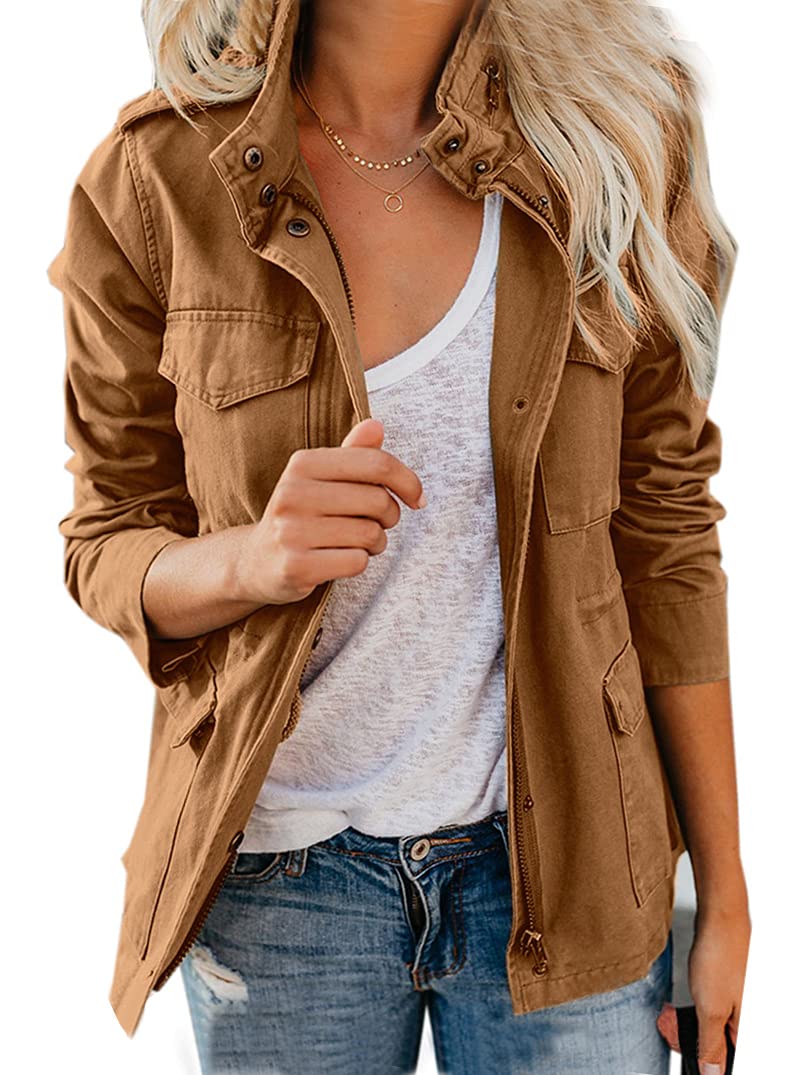 Women's Fall Stand Collar Zip Up Military Cotton Utility Safari Jacket