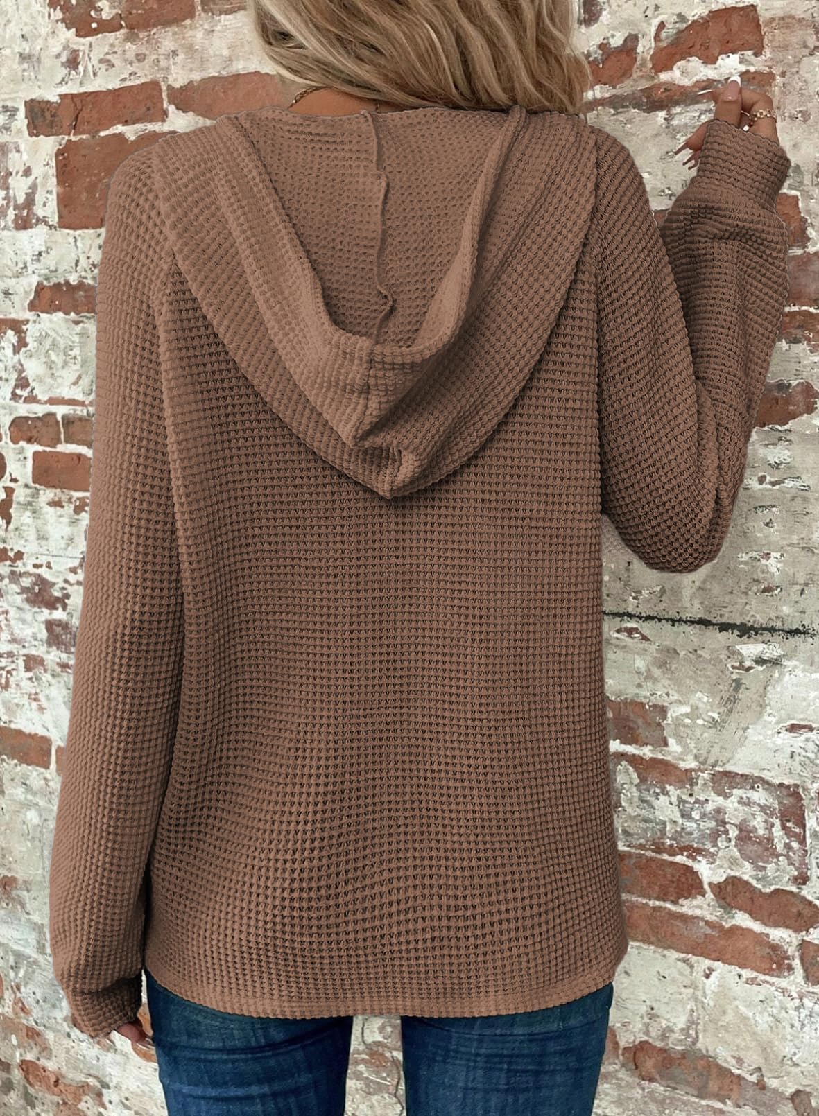 Women's Waffle Knit Drawstring Button V Neck Hooded Sweatshirt(buy 2 free shipping)