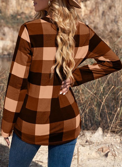 ✨Women's V Neck Plaid Print Cuffed Long Sleeve Shirt