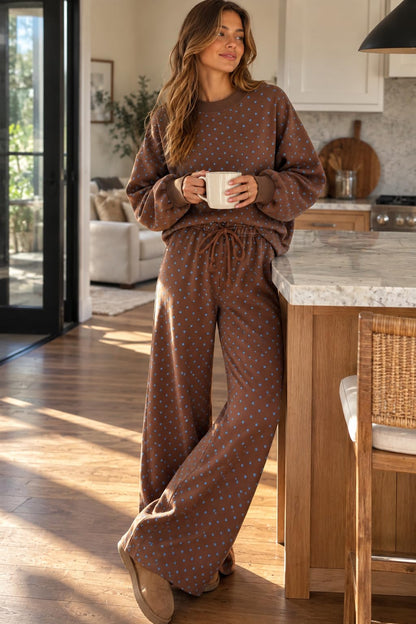 Women's Polka Dot 2 Piece Pant Set Long Sleeve Sweatshirts And Drawstring Wide Leg Pant