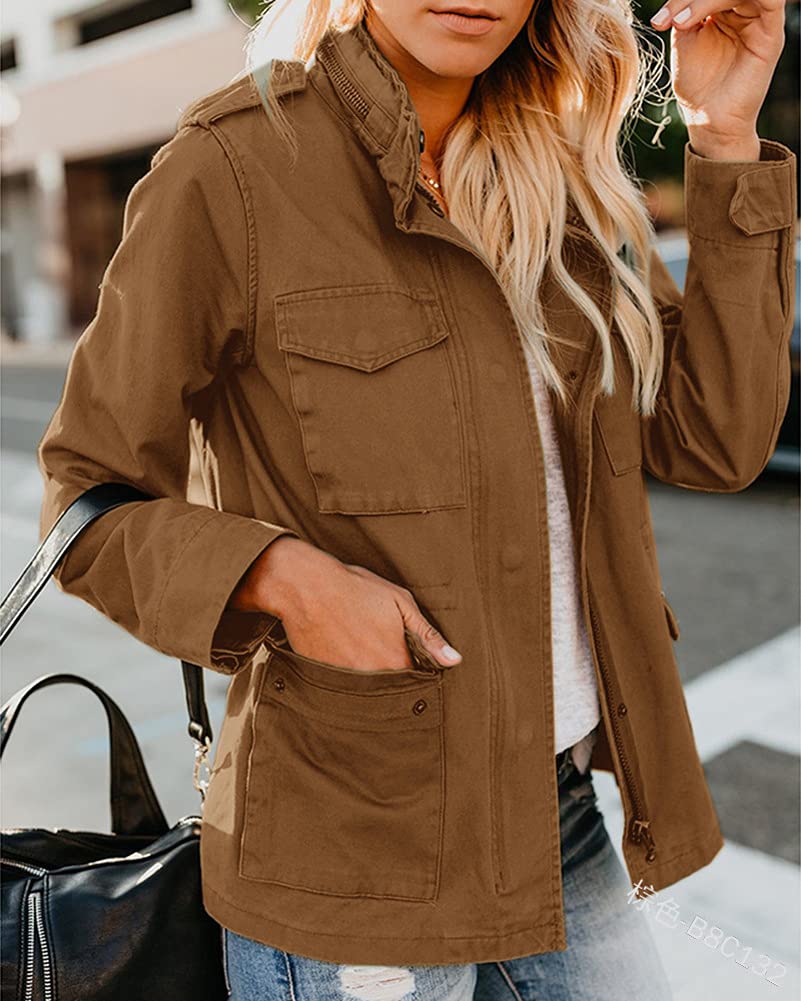 Women's Fall Stand Collar Zip Up Military Cotton Utility Safari Jacket