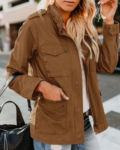 Women's Fall Stand Collar Zip Up Military Cotton Utility Safari Jacket