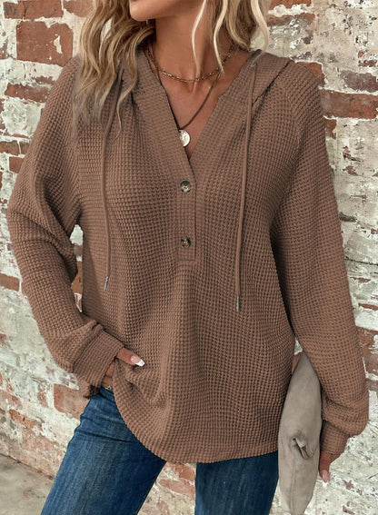 Women's Waffle Knit Drawstring Button V Neck Hooded Sweatshirt(buy 2 free shipping)