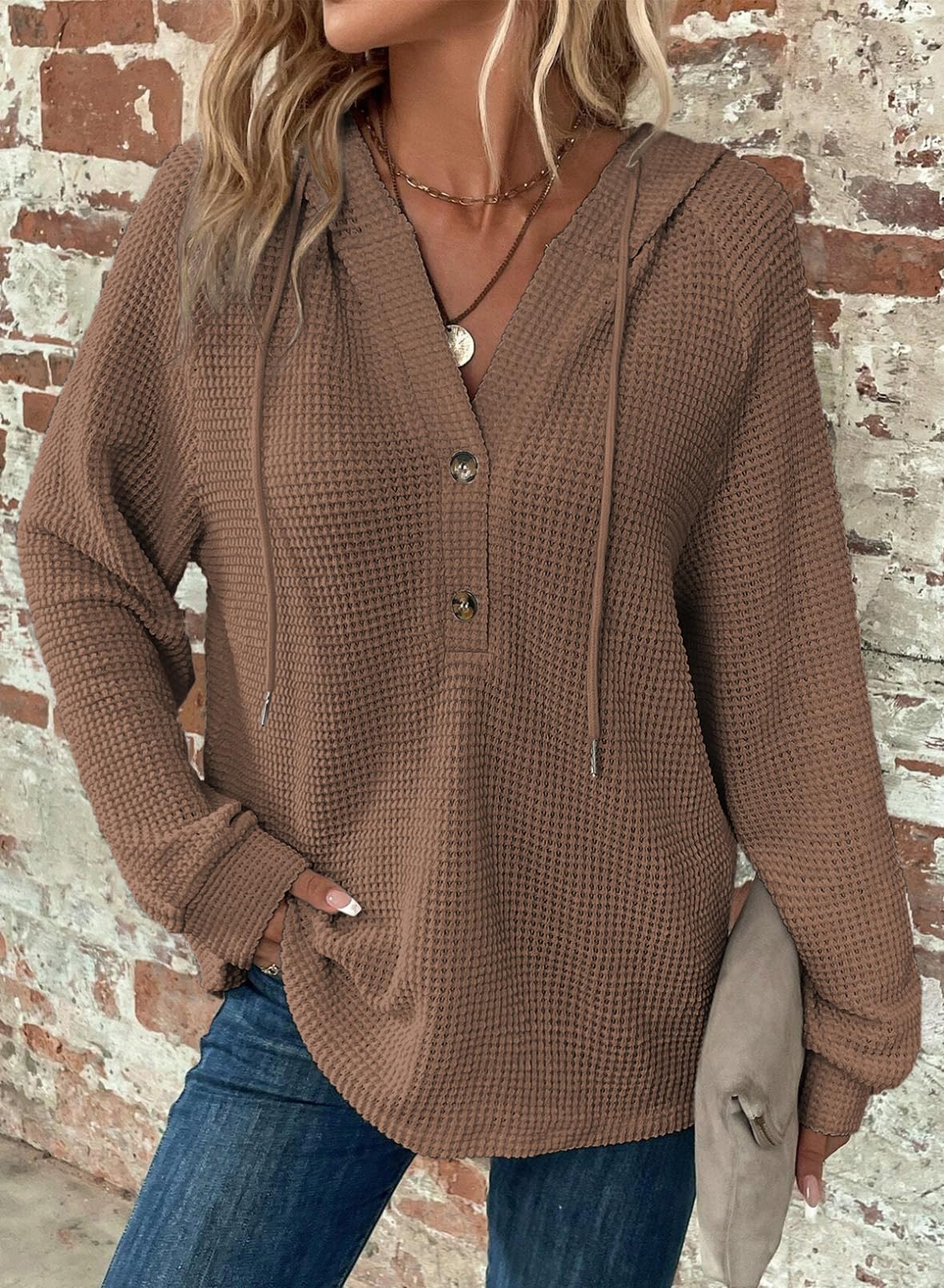 Limited time sale 🔥Women's Waffle Knit Drawstring Button V Neck Hooded Sweatshirt