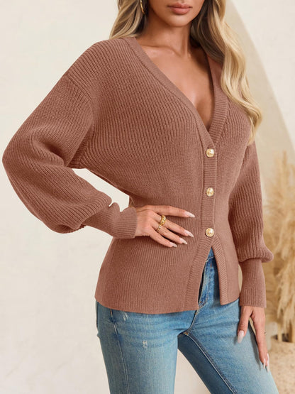 Womens Cardigan Chunky Button Down V Neck Sweater