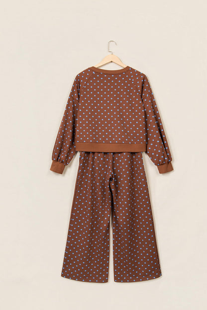 Women's Polka Dot 2 Piece Pant Set Long Sleeve Sweatshirts And Drawstring Wide Leg Pant