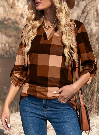 ✨Women's V Neck Plaid Print Cuffed Long Sleeve Shirt