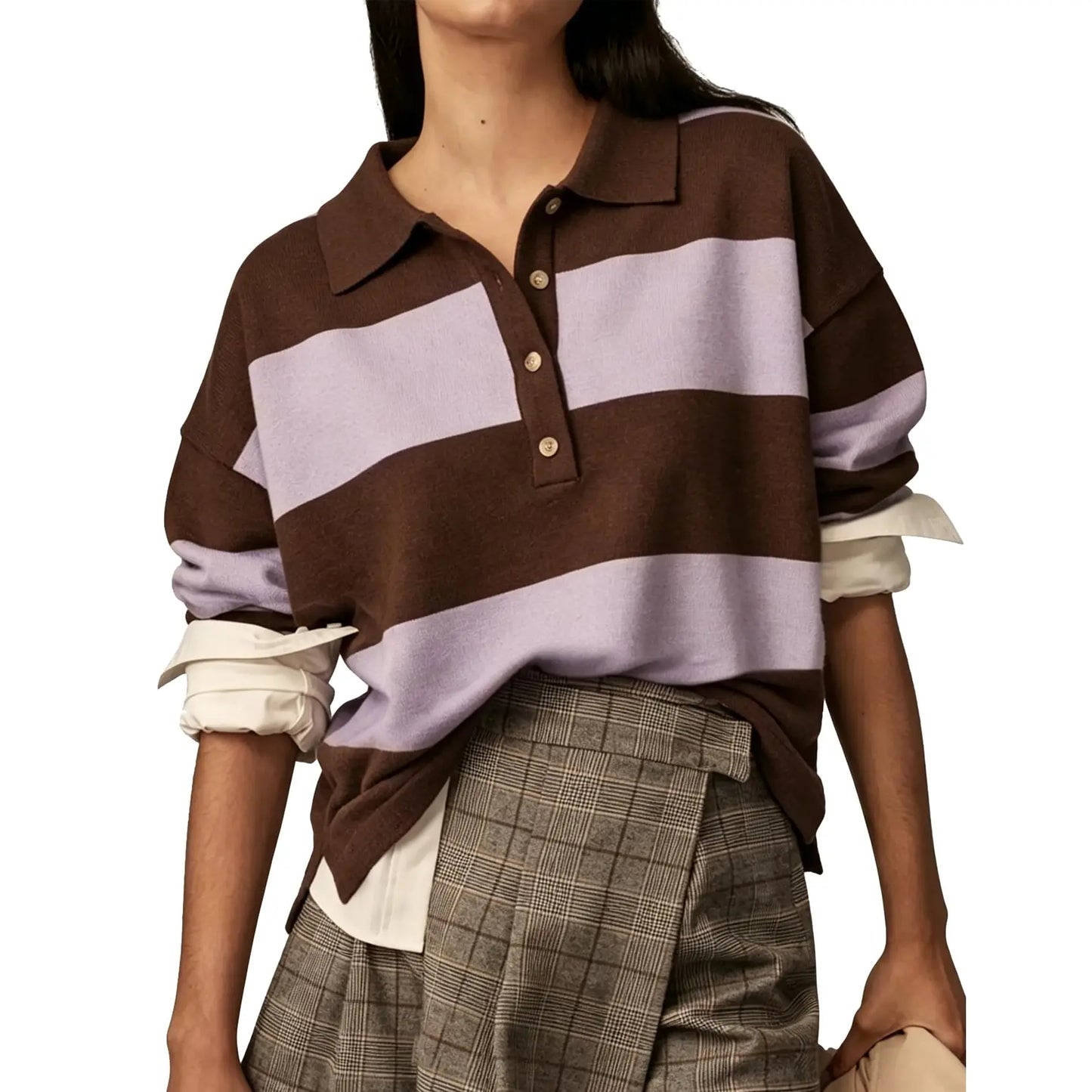 Women Long Sleeve Knit Striped Collared Sweaters Pullover