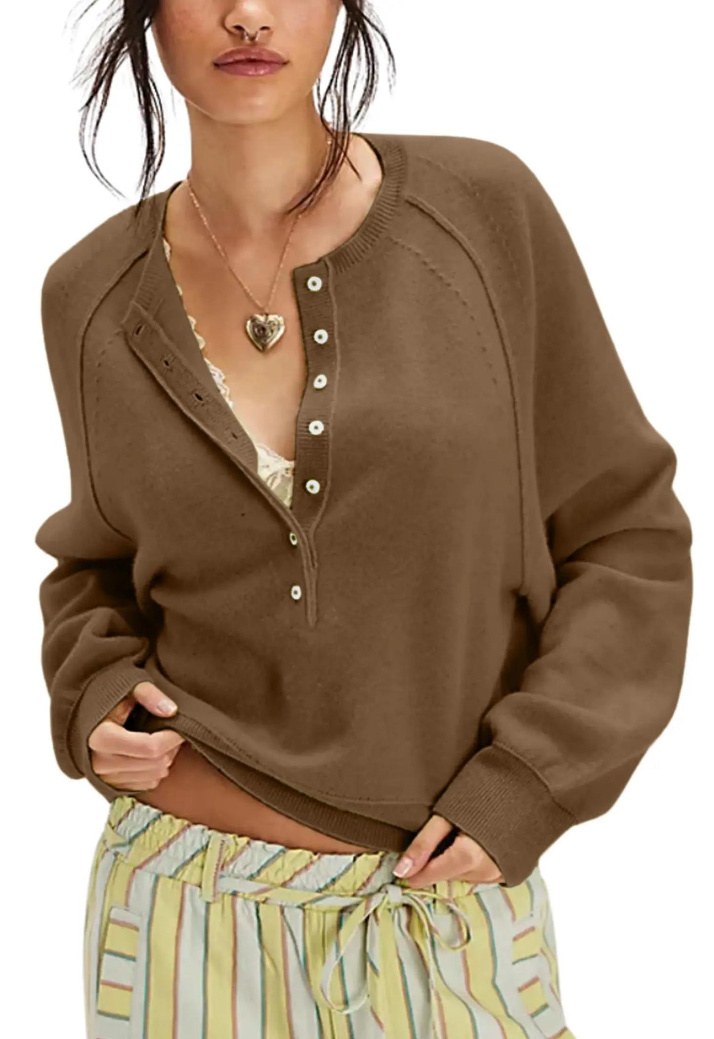 Women Raglan Sleeve Half Button Henley V Neck Soft Knit Long Sleeve Top