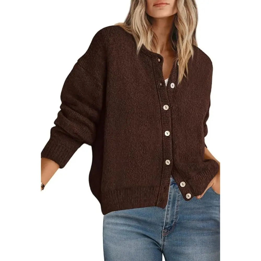 Round Neck Button Long Sleeve Knit Cardigan
