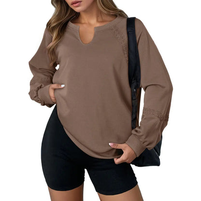 Notch V-Neck Lace Spliced Long Sleeve Sweatshirt