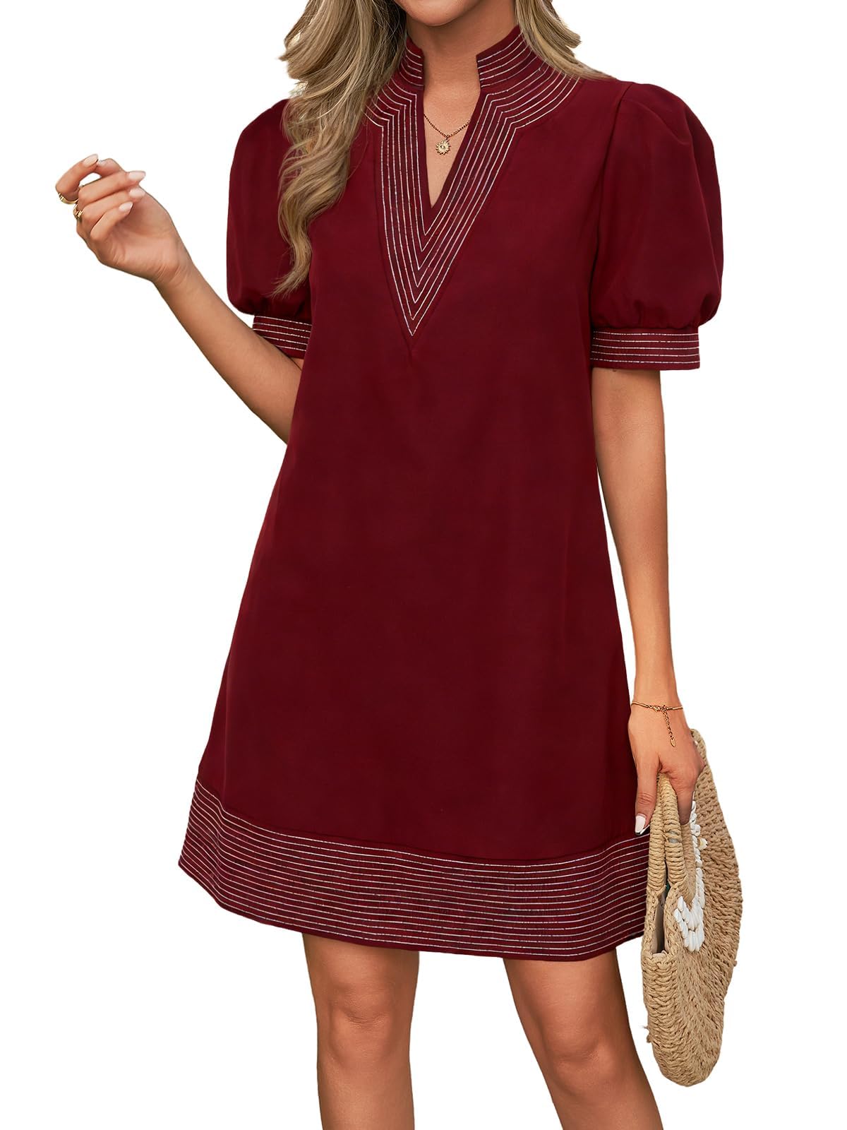 Women's Floral Stripe Trim Puff Sleeve Mini Dress
