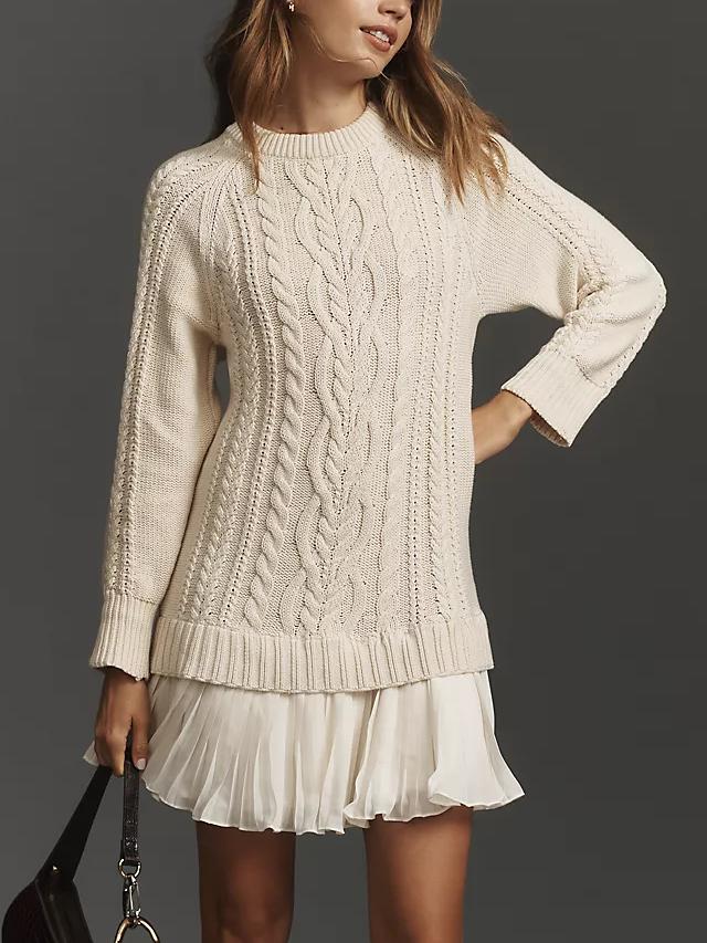 ✨Women Crewneck Cable Knit Sweater Mini Dress