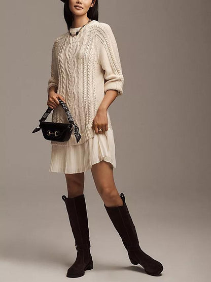✨Women Crewneck Cable Knit Sweater Mini Dress
