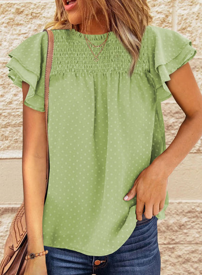 ✨Womens Crewneck Lace Crochet Pom Pom Flowy Short Sleeve Casual Shirts Blouses