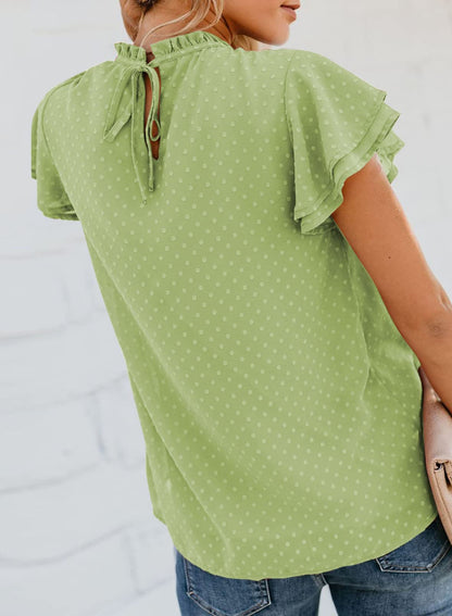 ✨Womens Crewneck Lace Crochet Pom Pom Flowy Short Sleeve Casual Shirts Blouses